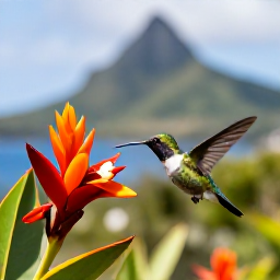 Caribbean Holidays, Saint Lucia Birdwatching, A hummingbird feeding near tropical flowers in a peaceful Saint Lucia garden, with a Caribbean hillside beyond