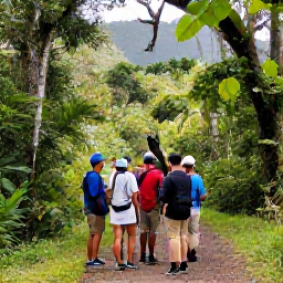 Caribbean Holidays, Saint Lucia Birdwatching, A small guided birdwatching group beside a forest path in Saint Lucia, with an expert guide pointing towards birds in the canopy