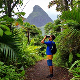 Caribbean Holidays, Saint Lucia Birdwatching, Birder using binoculars on a rainforest trail in Saint Lucia, tropical vegetation and volcanic hills in the background