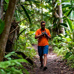 Caribbean Holidays, Saint Lucia Birdwatching, Birder walking along a shaded rainforest trail in Saint Lucia with binoculars and tropical vegetation