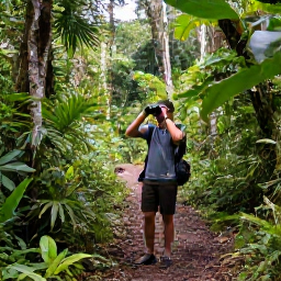 Caribbean Holidays, Saint Lucia Birdwatching, Birdwatcher with binoculars on a rainforest trail in Saint Lucia, surrounded by lush tropical vegetation