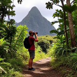 Caribbean Holidays, Saint Lucia Birdwatching, Birdwatcher with binoculars on a shaded rainforest trail in Saint Lucia, with mountains and tropical vegetation in the distance