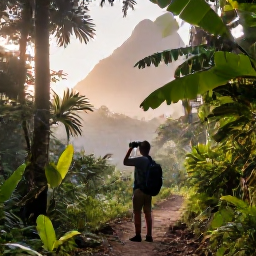 Caribbean Holidays, Saint Lucia Birdwatching, Birdwatchers exploring a rainforest trail in Saint Lucia at dawn, binoculars raised, tropical foliage and soft morning light