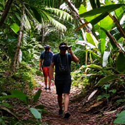 Caribbean Holidays, Saint Lucia Birdwatching, Birdwatchers walking along a rainforest trail in Saint Lucia with binoculars, tropical plants and filtered sunlight