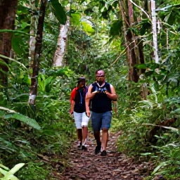 Caribbean Holidays, Saint Lucia Birdwatching, Birdwatchers walking quietly along a rainforest trail in Saint Lucia with binoculars and dense green vegetation