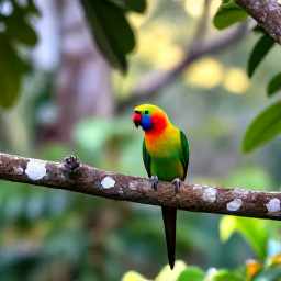 Caribbean Holidays, Saint Lucia Birdwatching, Colourful Saint Lucia parrot perched in a rainforest tree, soft morning light, lush green foliage