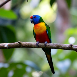 Caribbean Holidays, Saint Lucia Birdwatching, Colourful Saint Lucia parrot perched on a branch in lush rainforest, soft morning light