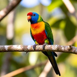 Caribbean Holidays, Saint Lucia Birdwatching, Colourful Saint Lucia parrot perched on a rainforest branch in warm February sunlight