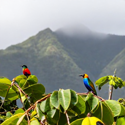 Caribbean Holidays, Saint Lucia Birdwatching, Colourful Saint Lucian birds perched in lush rainforest foliage, with misty green mountains in the background