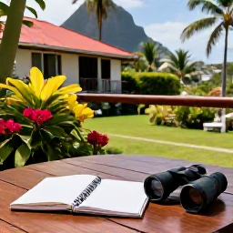 Caribbean Holidays, Saint Lucia Birdwatching, Comfortable Caribbean hotel terrace in Saint Lucia with binoculars, notebook and tropical garden view