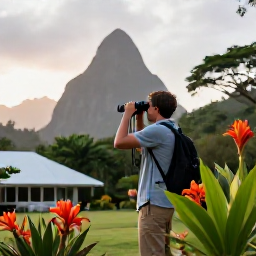 Caribbean Holidays, Saint Lucia Birdwatching, Comfortable Saint Lucia hotel garden with a birder using binoculars beside tropical flowers at dawn