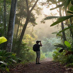 Caribbean Holidays, Saint Lucia Birdwatching, Early morning birdwatcher with binoculars on a forest trail in Saint Lucia, surrounded by tropical trees and soft sunlight