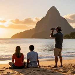 Caribbean Holidays, Saint Lucia Birdwatching, Friendly travel agent style scene of a couple relaxing after birdwatching beside a Saint Lucian beach at sunset