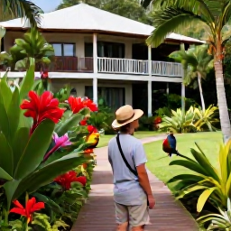 Caribbean Holidays, Saint Lucia Birdwatching, Relaxed birdwatcher on a Saint Lucia garden path, tropical flowers and colourful birds around a Caribbean hotel