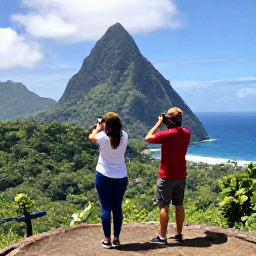 Caribbean Holidays, Saint Lucia Birdwatching, Relaxed couple recording bird sightings at a scenic Saint Lucia viewpoint above the rainforest and Caribbean Sea