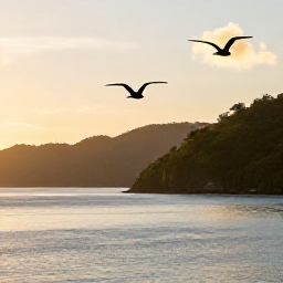 Caribbean Holidays, Saint Lucia Birdwatching, Saint Lucia coastline at sunrise with seabirds flying above calm Caribbean water and green hills in the background