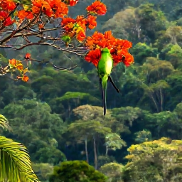Caribbean Holidays, Saint Lucia Birdwatching, Saint Lucia parrot in a flowering tropical tree above a lush rainforest valley, realistic wildlife photography