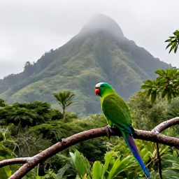 Caribbean Holidays, Saint Lucia Birdwatching, Saint Lucia parrot perched on a branch above tropical forest, with misty volcanic hills in the background