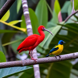 Caribbean Holidays, Saint Lucia Birdwatching, Scarlet ibis, bananaquit and other colourful Saint Lucian birds perched among tropical foliage in a lush rainforest