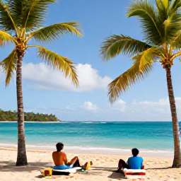 Caribbean Holidays, Saint Lucia Business Class, Bright January morning at a Saint Lucia beach with turquoise sea, palm trees and travellers relaxing on golden sand