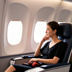 Caribbean Holidays, Saint Lucia Business Class, Business class passenger relaxing in a comfortable aircraft seat, warm natural light, elegant cabin, travel to Saint Lucia