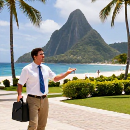 Caribbean Holidays, Saint Lucia Business Class, Business class traveller arriving at Saint Lucia airport, tropical landscape, welcoming Caribbean atmosphere and palm trees