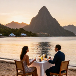 Caribbean Holidays, Saint Lucia Business Class, Couple enjoying a relaxed sunset dinner beside a Caribbean beach resort in Saint Lucia