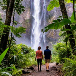Caribbean Holidays, Saint Lucia Business Class, Couple exploring Saint Lucia rainforest near a waterfall, lush green foliage, walking trail and tropical scenery