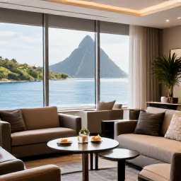 Caribbean Holidays, Saint Lucia Business Class, Elegant airport lounge with comfortable seating, refreshments and large windows before a Caribbean flight