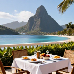 Caribbean Holidays, Saint Lucia Business Class, Luxury resort terrace overlooking the Pitons and Caribbean Sea in Saint Lucia, elegant breakfast setting, sunny morning