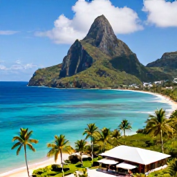Caribbean Holidays, Saint Lucia Business Class, Tropical Saint Lucia coastline with the Pitons, turquoise sea and a luxury resort in the foreground