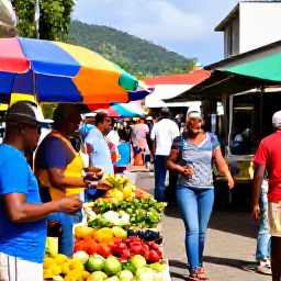 Caribbean Holidays, Saint Lucia City Breaks, Bustling Castries market with colourful Caribbean produce, local crafts and friendly shoppers in bright daylight