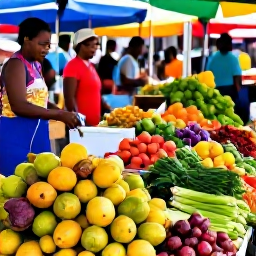 Caribbean Holidays, Saint Lucia Cooking, A colourful Saint Lucian market with fresh tropical fruit, vegetables, herbs and spices, with local shoppers and Caribbean island atmosphere