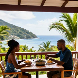 Caribbean Holidays, Saint Lucia Cooking, A couple enjoying a relaxed cooking holiday in Saint Lucia, dining on a veranda surrounded by tropical greenery with the Caribbean visible beyond