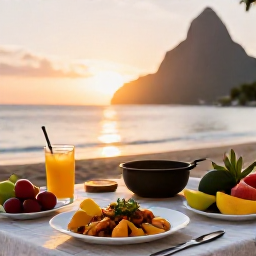 Caribbean Holidays, Saint Lucia Cooking, A relaxed Saint Lucia beachside table displaying traditional Caribbean dishes, fresh fruit, local drinks and cooking ingredients at sunset