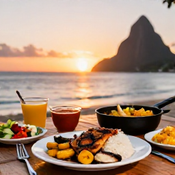 Caribbean Holidays, Saint Lucia Cooking, A rustic Saint Lucian seaside table with grilled fish, rice, plantain, salad, tropical sauces and a stunning sunset over the Caribbean Sea