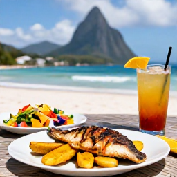 Caribbean Holidays, Saint Lucia Cooking, A sunny February lunch beside the Caribbean Sea in Saint Lucia, with grilled fish, colourful salad, plantain and a chilled tropical drink