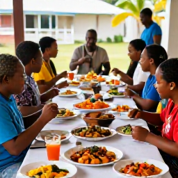 Caribbean Holidays, Saint Lucia Cooking, A welcoming Saint Lucian village food gathering in February, with local dishes, musicians and visitors sharing a long table