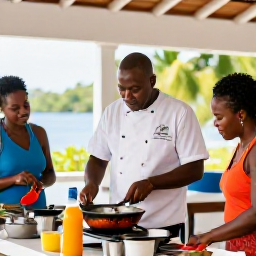 Caribbean Holidays, Saint Lucia Cooking, Friendly Saint Lucian chef guiding holidaymakers during a hands-on cooking class in a bright open-air kitchen