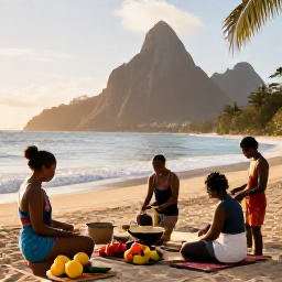 Caribbean Holidays, Saint Lucia Cooking, Holidaymakers enjoying a peaceful Saint Lucia morning with cooking ingredients, a Caribbean coastline and the Pitons in the background