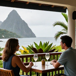 Caribbean Holidays, Saint Lucia Couples, A cosy Saint Lucia hotel terrace with two glasses of wine, tropical plants and a view of the Caribbean Sea after rain