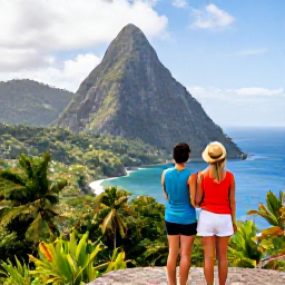 Caribbean Holidays, Saint Lucia Couples, A couple admiring the Pitons from a scenic viewpoint in Saint Lucia, tropical forest and blue sea below