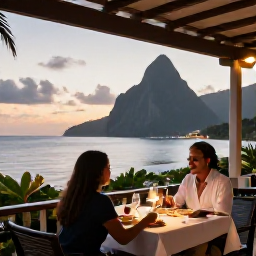 Caribbean Holidays, Saint Lucia Couples, A couple dining at an elegant open-air restaurant overlooking the Caribbean Sea in Saint Lucia at sunset