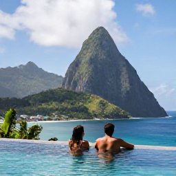 Caribbean Holidays, Saint Lucia Couples, A couple relaxing beside an infinity pool overlooking the green Pitons and Caribbean Sea in Saint Lucia