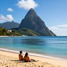 Caribbean Holidays, Saint Lucia Couples, A couple relaxing on a quiet golden beach beside calm turquoise water in Saint Lucia