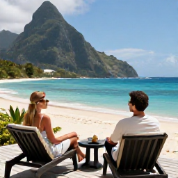 Caribbean Holidays, Saint Lucia Couples, A couple relaxing on a stylish Saint Lucia beach resort terrace overlooking turquoise sea and lush hills