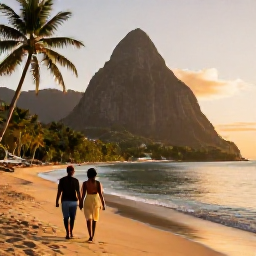 Caribbean Holidays, Saint Lucia Couples, A couple walking along a quiet golden beach in Saint Lucia at sunset, palm trees and calm Caribbean water