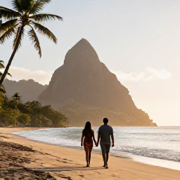 Caribbean Holidays, Saint Lucia Couples, A couple walking hand in hand along a quiet palm-fringed beach in Saint Lucia at sunrise