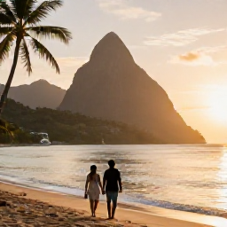 Caribbean Holidays, Saint Lucia Couples, A couple walking hand in hand along a quiet sandy beach in Saint Lucia at sunset, with palm trees and calm Caribbean water