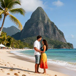 Caribbean Holidays, Saint Lucia Couples, A happy couple enjoying a romantic Caribbean holiday in Saint Lucia, palm-fringed beach and Pitons in the background